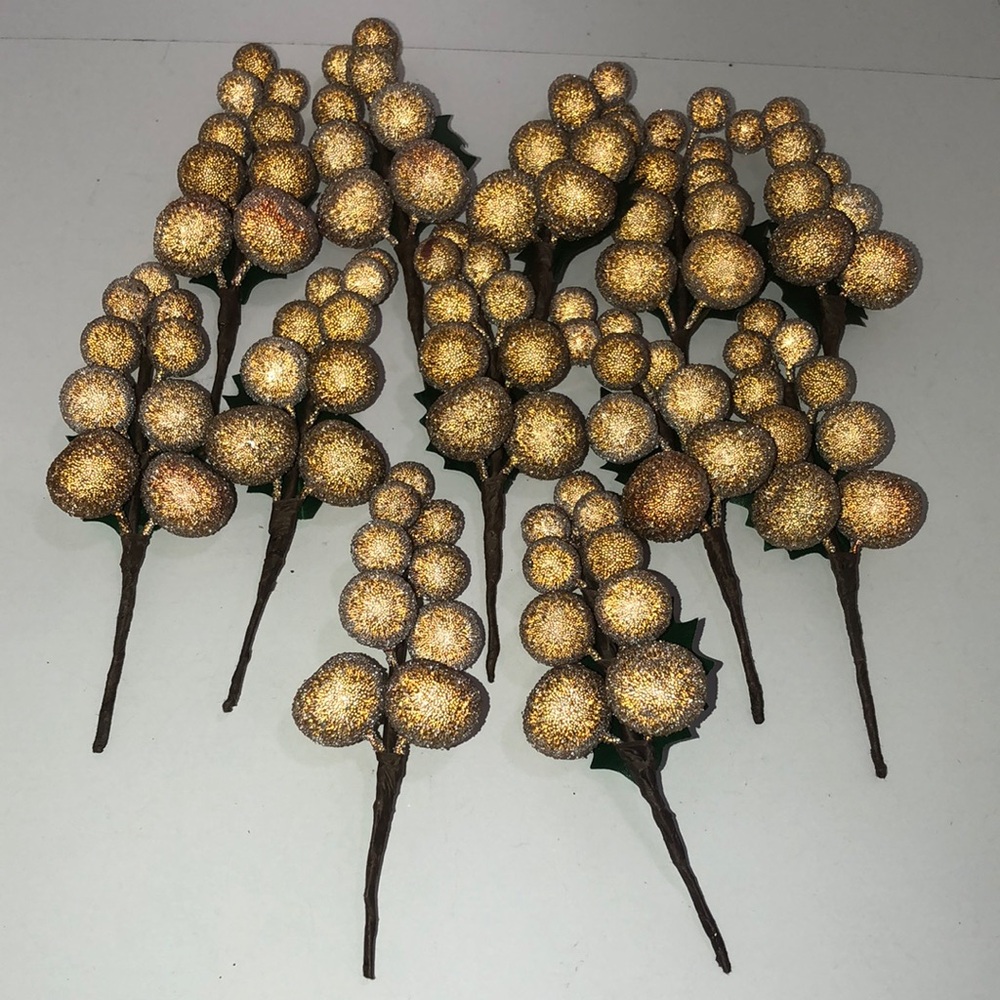 Gold Glitter Berry Stems 12 total